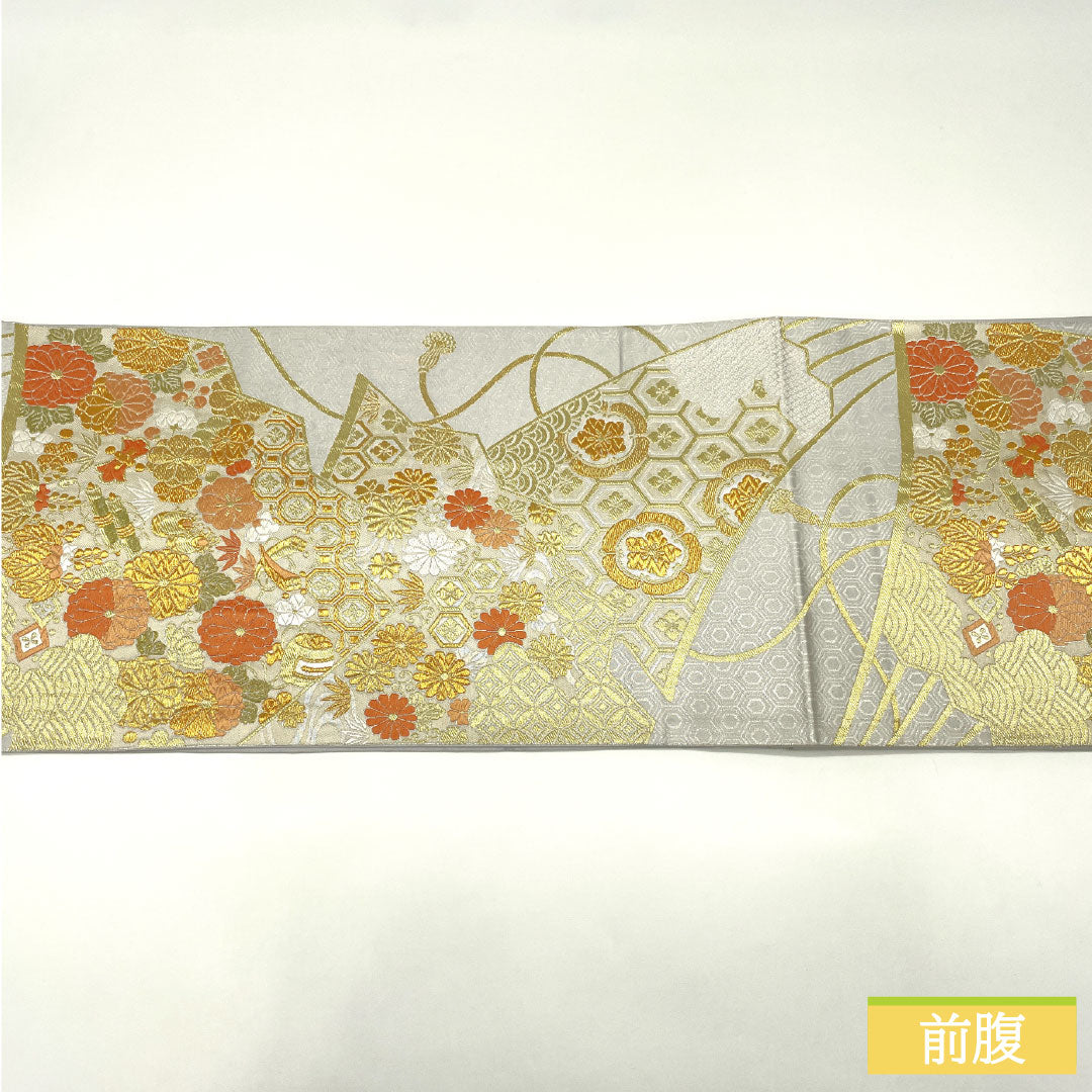 Fukuro obi, pure silk, A rank, Meikin Shiho, Nishijin-ori, auspicious patterns, obi length 430cm, rokutsu, formal, silver, 1123017413322
