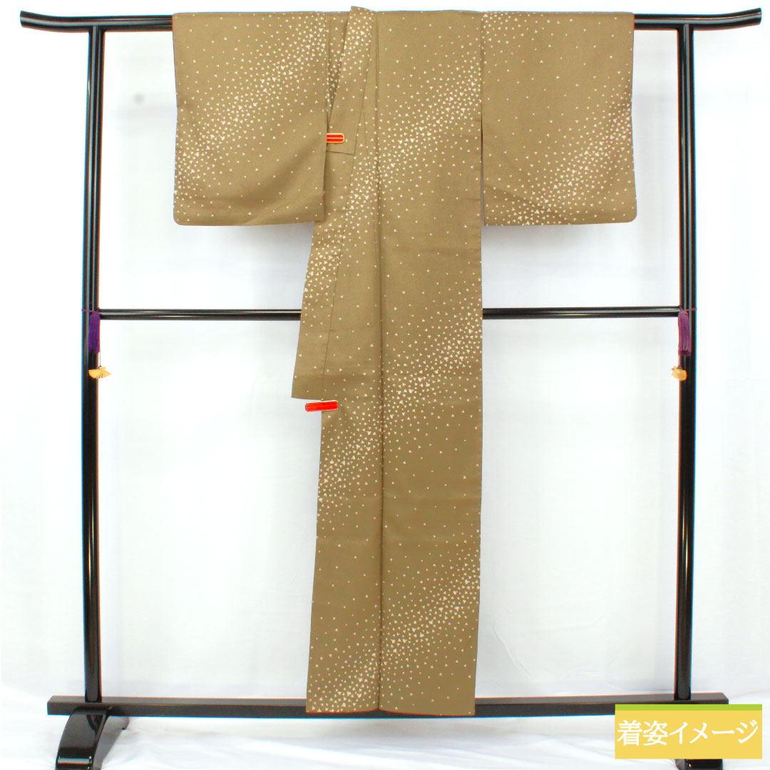 小紋 ポリエステル 身丈156cm 裄丈66.5cm 袷 古茶色（ふるちゃいろ） 洗える着物 扇 Sランク 緑系 1115004602319
