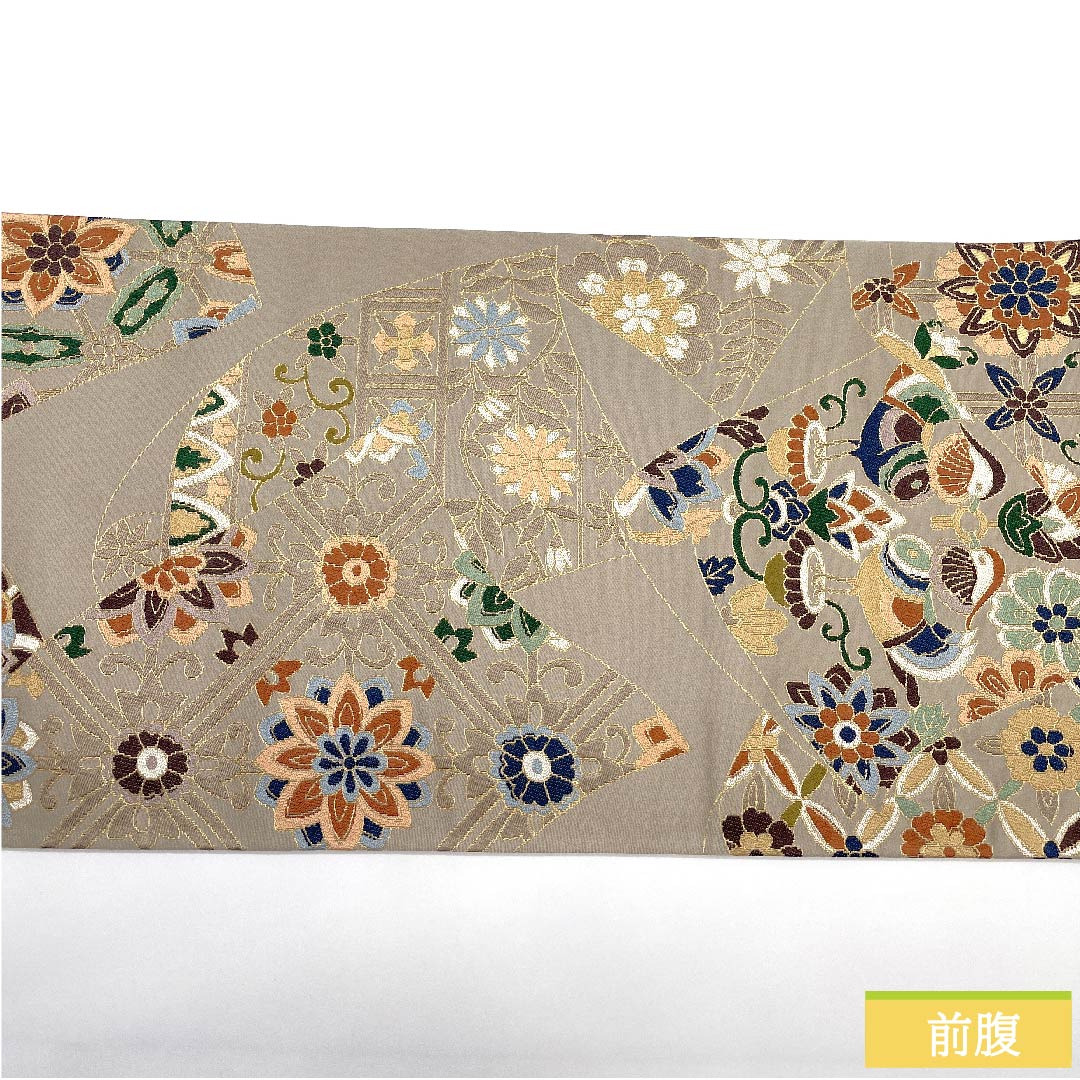 袋帯 遠州鼠色（えんしゅうねずいろ） 白綾苑大庭 唐花模様 鴛鴦模様 振袖用 帯丈433cm 正絹 Sランク 六通 フォーマル ベージュ系 1123009602325