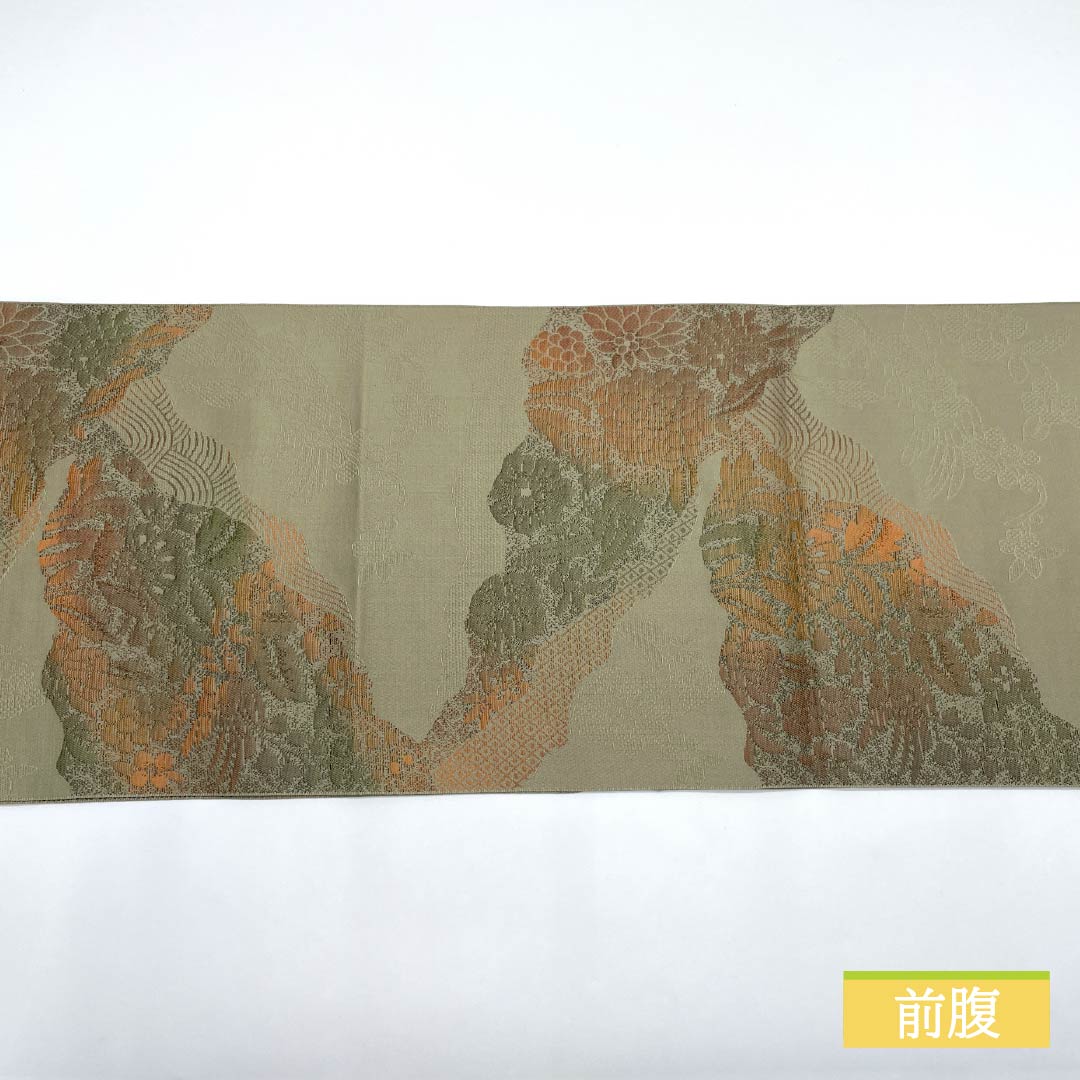 名古屋帯 黄鼠色（きねずいろ） 博多織 ふくれ織 キプロスの秘宝 帯丈356cm 正絹 Sランク 六通 カジュアル 緑系 1124008202319 松葉仕立て