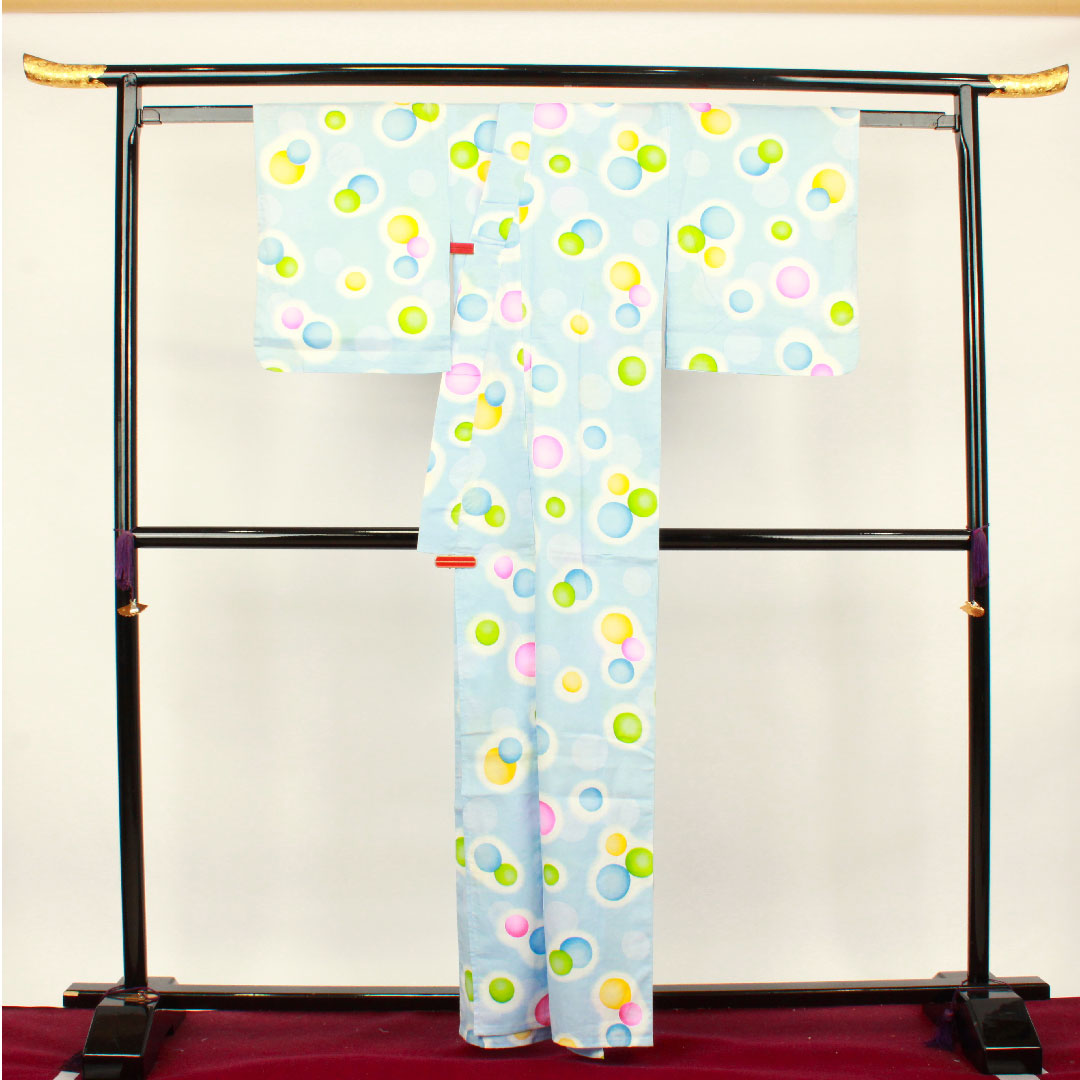 浴衣 白群色 水玉 木綿 Sランク 単衣 身丈161.5cm 裄丈64.5cm 水色系 1118001252424