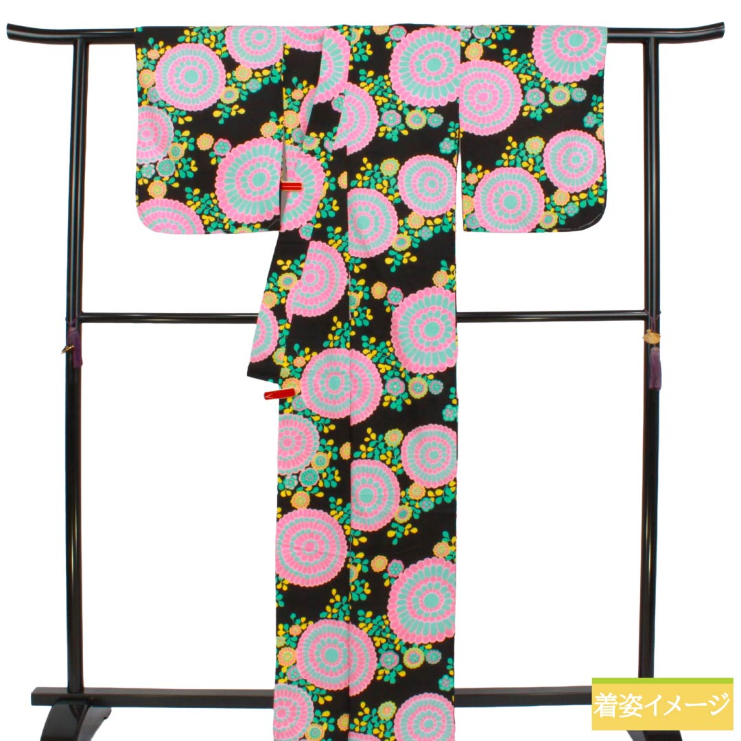 浴衣 木綿 Sランク 身丈166.5cm 裄丈68.5cm me Jane 花柄 単衣 黒系 1118007362510