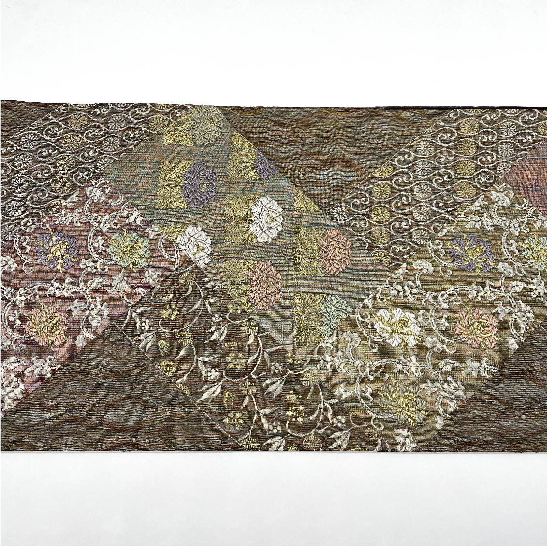 リサイクル着物】袋帯 グラデーション 三重織 波絹 吉祥文様 428cm