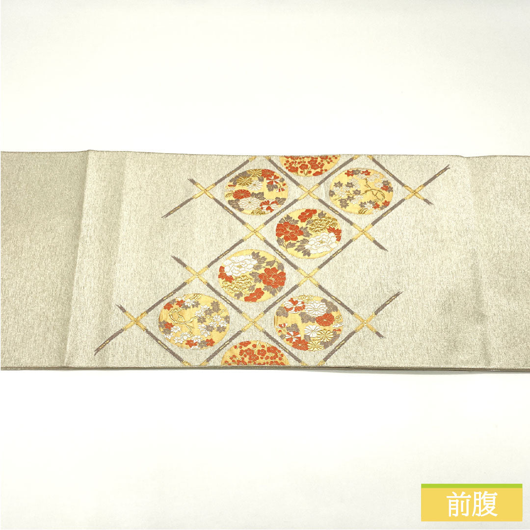 袋帯 正絹 Sランク 天井画 綴れ織 花紋   帯丈424cm ポイント柄 フォーマル 銀系 1123016822322