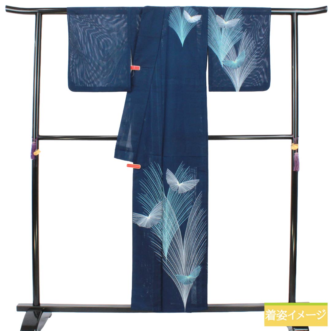 夏物 ポリエステル 付下げ Aランク 身丈155cm 裄丈62cm 濃紺色（のうこんいろ） 抽象模様 洗える着物 絽 紺系 1132005273318