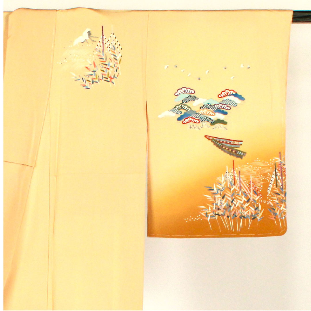 訪問着 袷 身丈156.5cm 裄丈65cm 刺繡 鶴 松 正絹 Sランク クリーム系 1112000932315