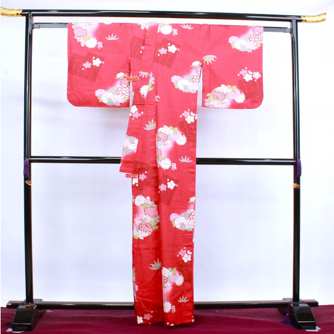 浴衣 蘇芳色 梅 牡丹 菊 木綿 Sランク 単衣 身丈163.5cm 裄丈67cm 朱系 1118004242416