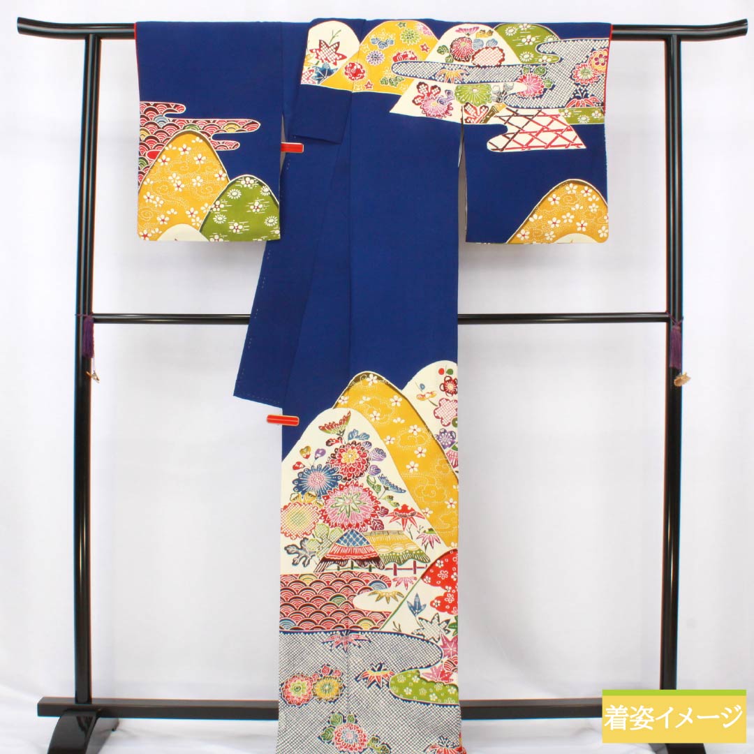 訪問着 正絹 Bランク 袷 身丈167.5cm 裄丈64.5cm 瑠璃色（るりいろ） 京紅型 紅型調 風景模様 半衿付き 青系 1112006684517
