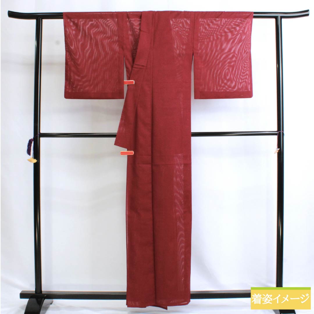 夏物 ポリエステル 色無地 Sランク 身丈159.5cm 裄丈64cm 臙脂色（えんじいろ） 洗える着物 絽 赤系 1132003222312