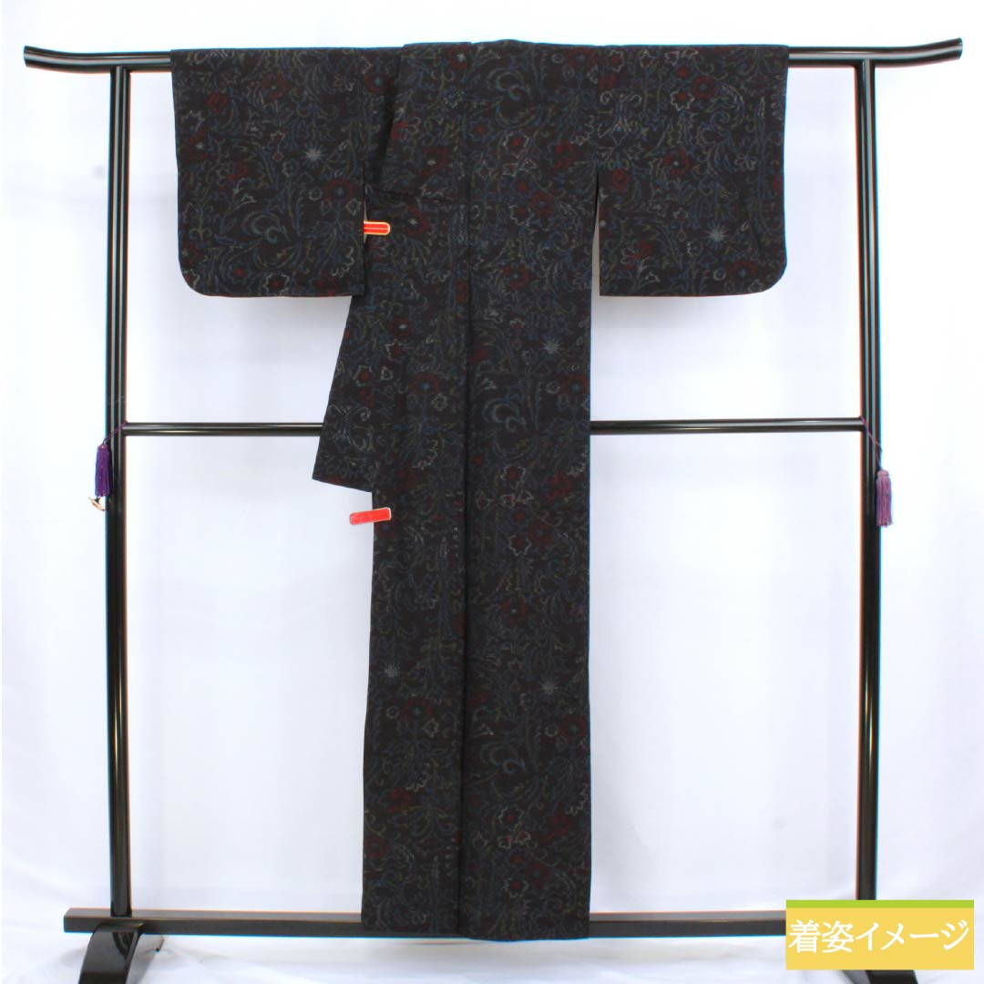 紬 正絹 Sランク 身丈157cm 裄丈66cm 相済茶色（あいすみちゃいろ） 抽象模様 単衣 紺系 1116004152318