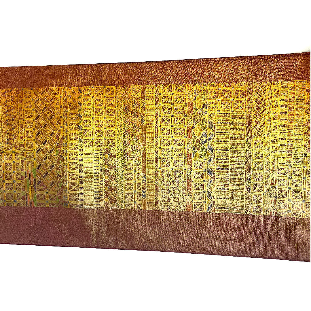 袋帯 七宝 麻の葉 染め帯 帯丈446cm 正絹 Sランク 全通 セミフォーマル 茶系 1123003392314