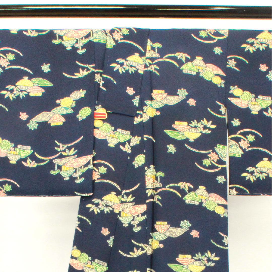 小紋 身丈155cm 裄丈63cm 袷  濃紺色 型染  正絹 Aランク 紺系 1115002983318