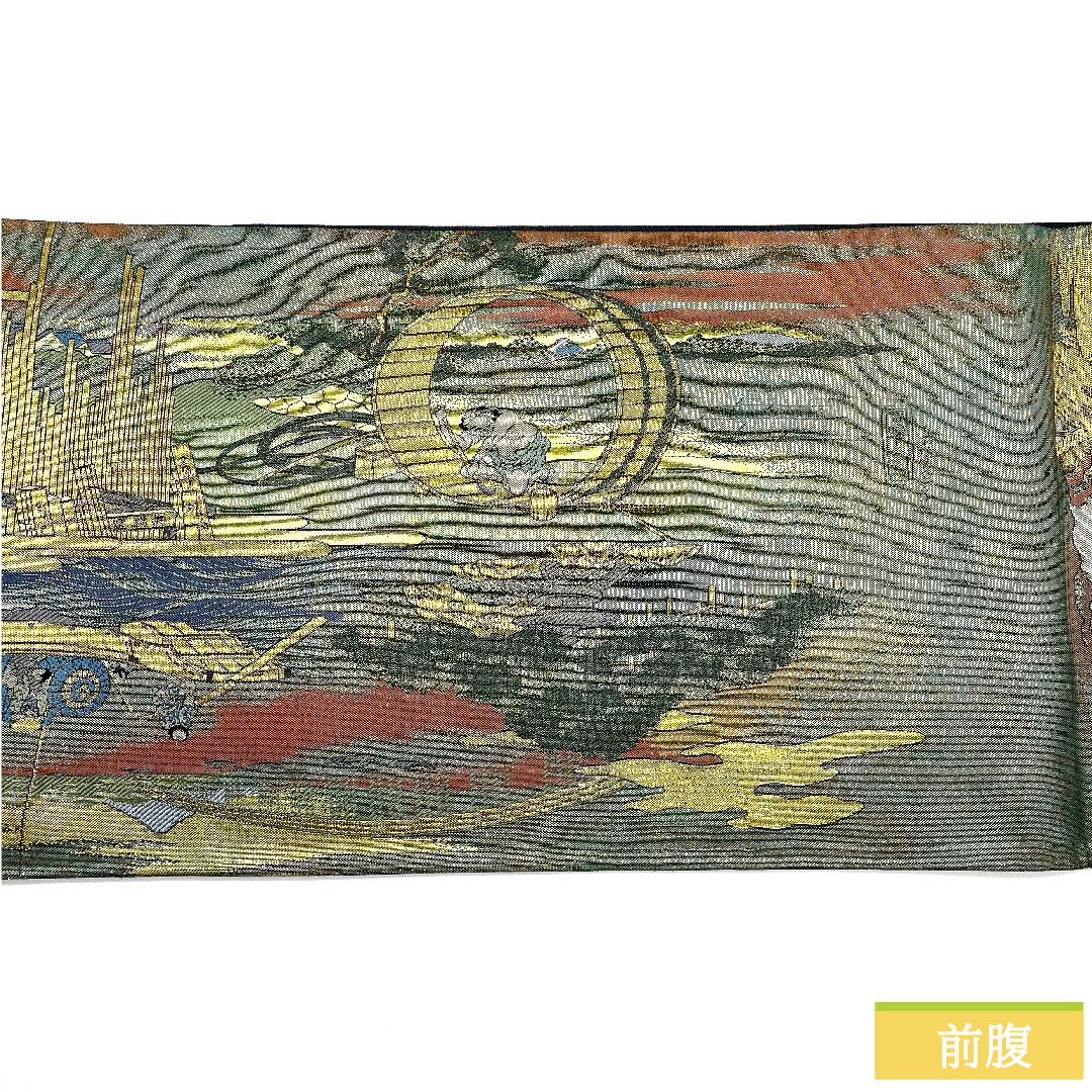 袋帯 正絹 玉虫色 留袖用 時代人物風景模様   帯丈437cm Sランク 全通 フォーマル 緑系 1123010922319