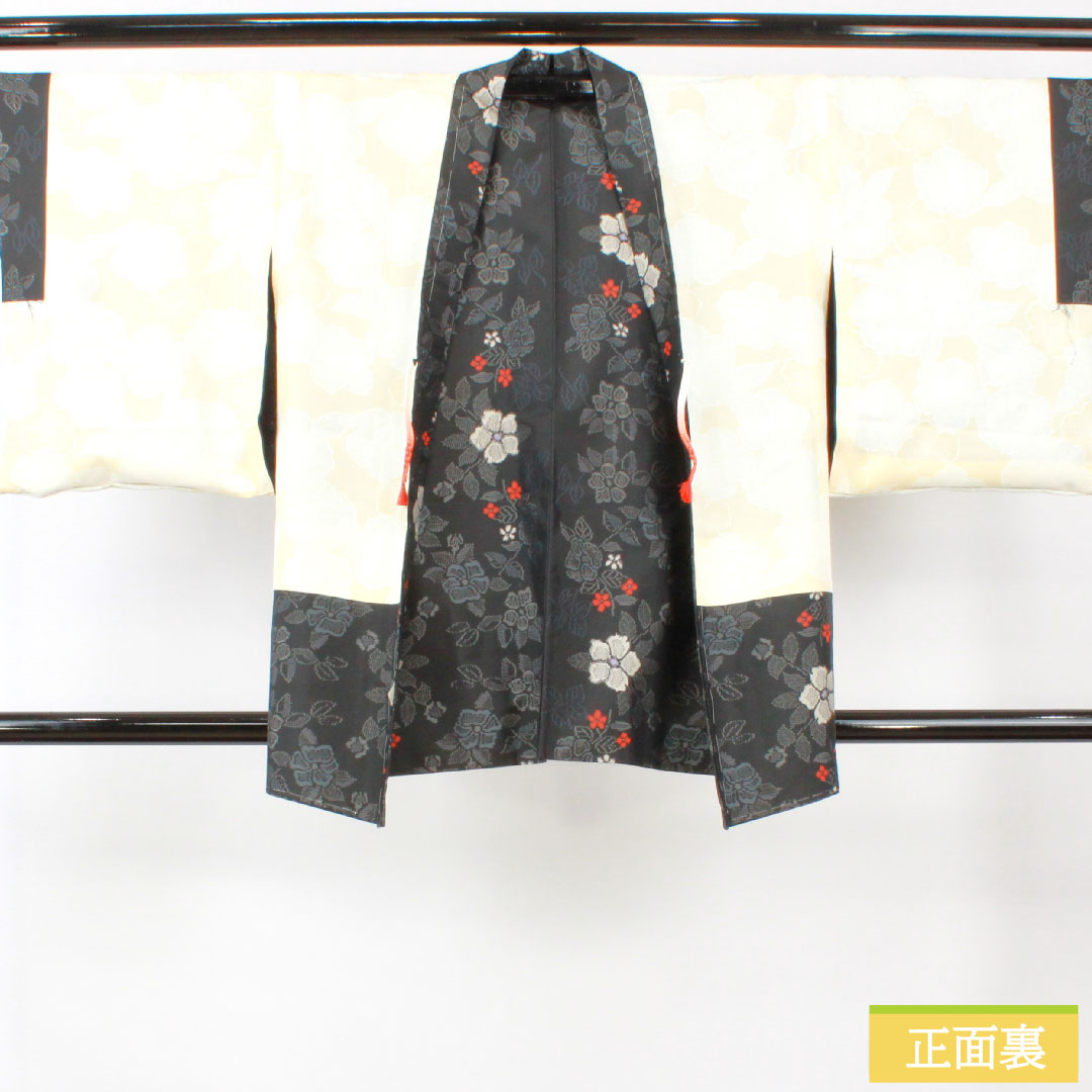 羽織 正絹 身丈83cm 裄丈65.5cm 村山大島 草花模様 しつけ糸付き 未使用品 Sランク 袷 黒系 1117001142910