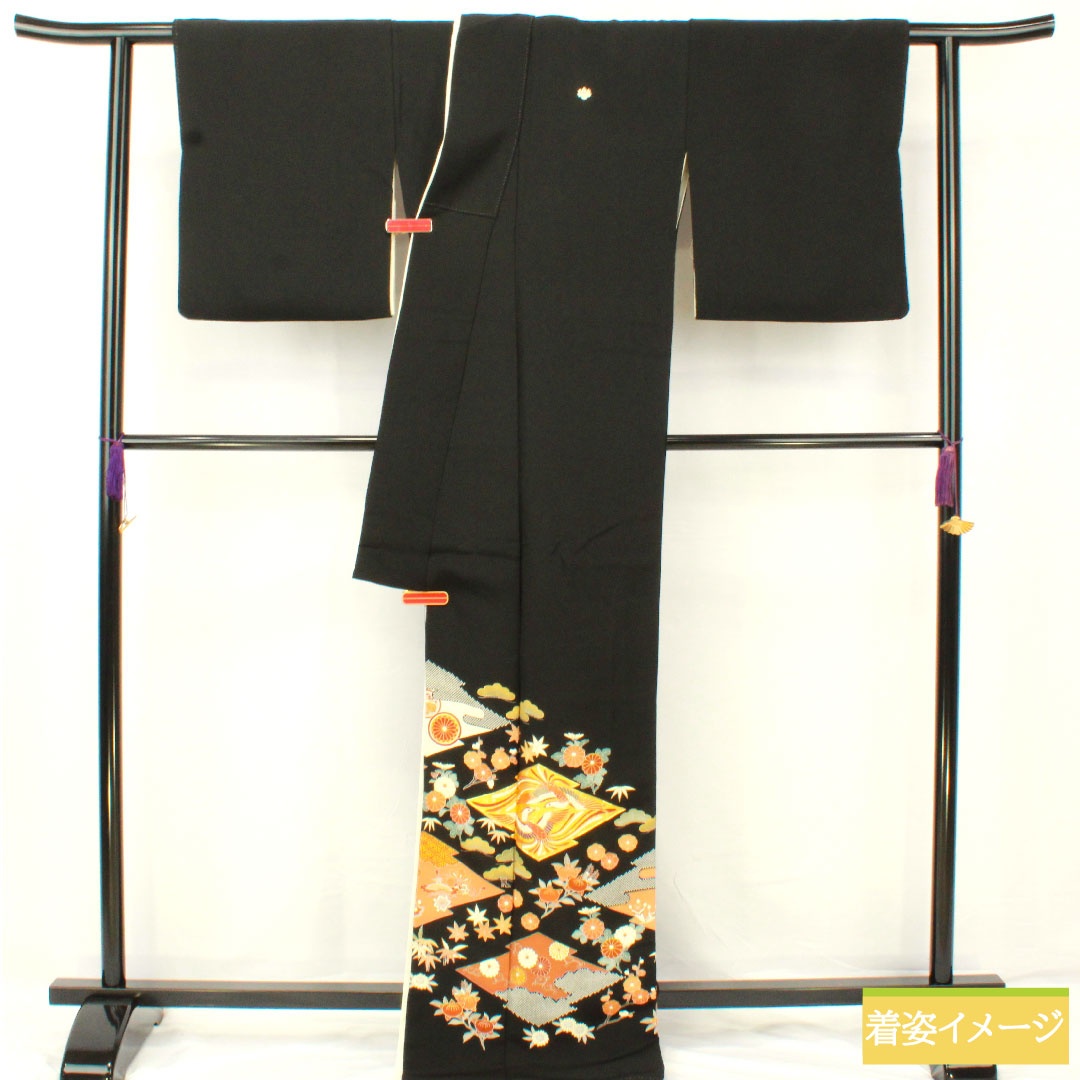 Black formal kimono, pure silk, length 169cm, sleeve length 67.5cm, lined, Kyoto Yuzen, auspicious pattern, five crests, five-three paulownia, A rank, black, 1111001473510