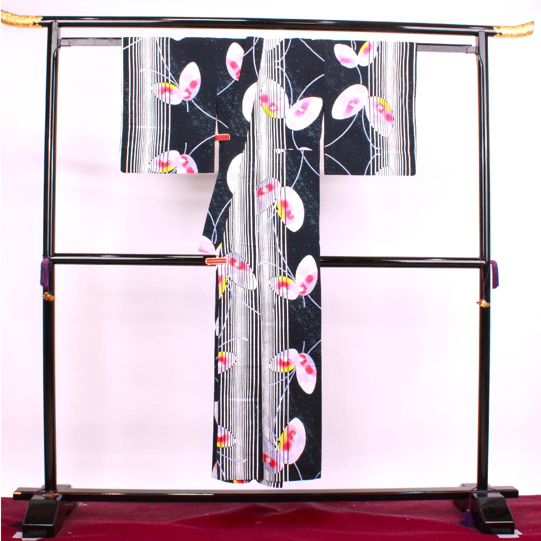 Yukata Black Butterfly Vertical Stripes Stars Cotton S Rank Single Layer Length 148.5cm Sleeve Length 61.5cm Black 1118004322110