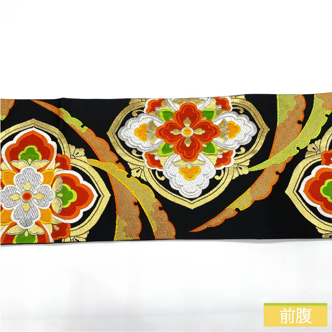 袋帯 正絹 振袖用 宝相華 帯丈408cm Sランク 六通 フォーマル 黒系 1123013532310