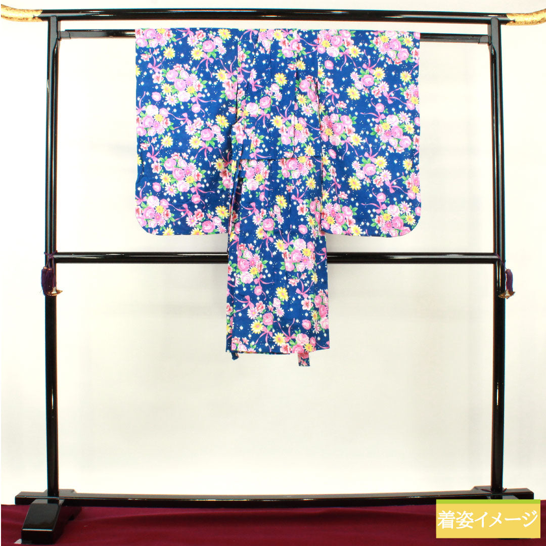 浴衣 木綿 身丈107.5cm 裄丈56.5cm Sランク 単衣 紺系 瑠璃色（るりいろ） 肩上げ有り 身上げ有り 花柄 1118005022118
