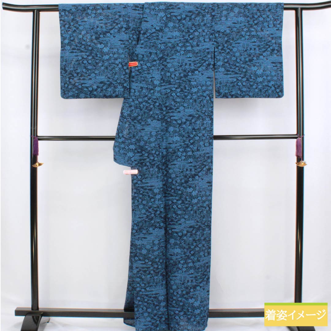 未着用に近い！絹絽＊ネイビー＊友禅＊紋無し＊夏物＊訪問着＊１６５ｃｍ＊裄６８ リサイクル着物】夏物 正絹 小紋 身丈162cm 裄丈68cm 濃紺色（の