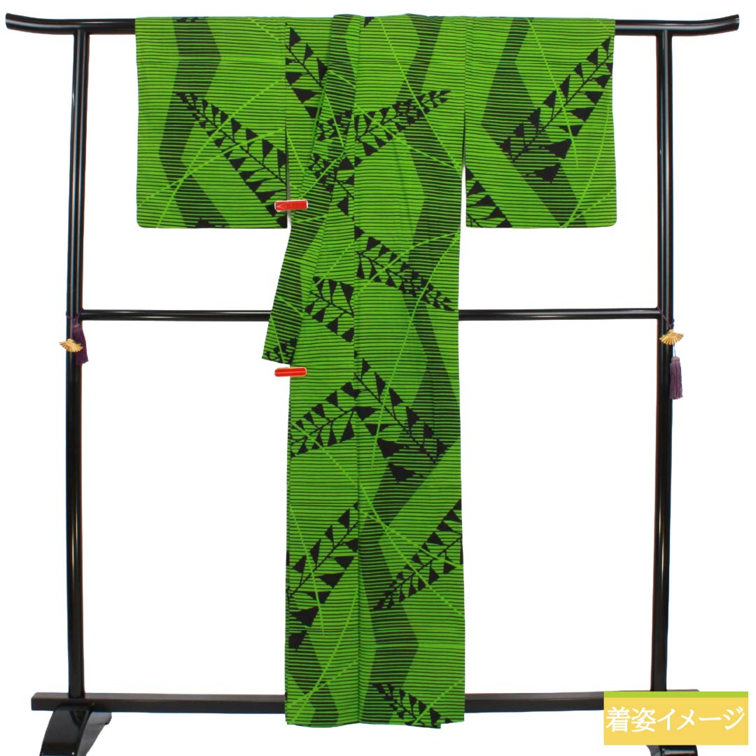 浴衣 木綿 Aランク 身丈158cm 裄丈66.5cm 常盤色（ときわいろ） 抽象模様 型染 単衣 緑系 1118006863319