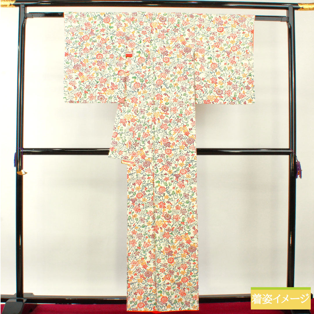 Komon, pure silk, length 160.5cm, sleeve length 64.5cm, lined, stencil dyeing, floral pattern, A rank, white, 1115004313411