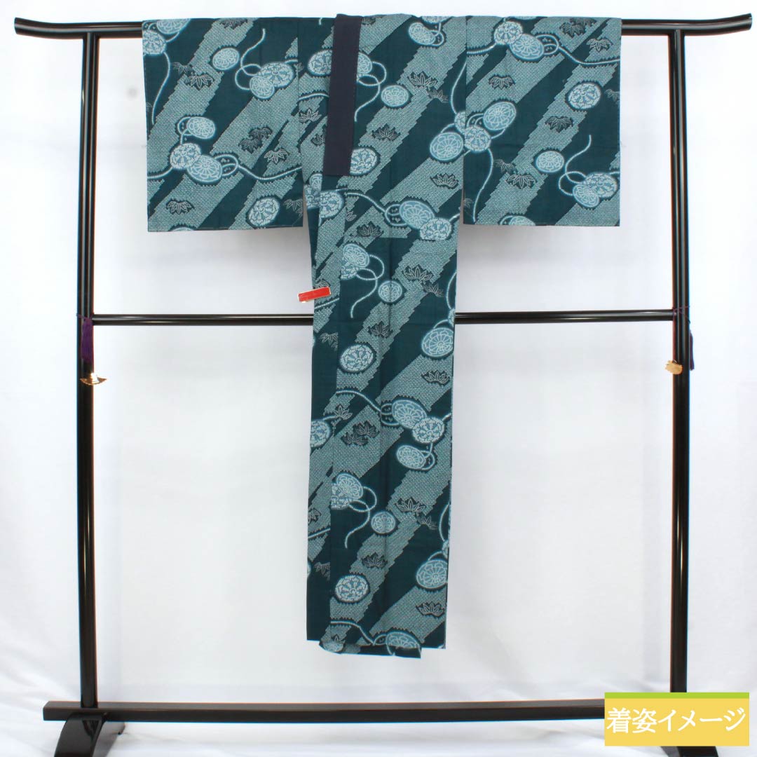 Men's wool nagajuban (long under-kimono), S-rank, length 138.5cm, sleeve length 35.5cm, Korai Nandou color (Korainando color), pine and hikida patterns, single layer, blue, 1140000712317