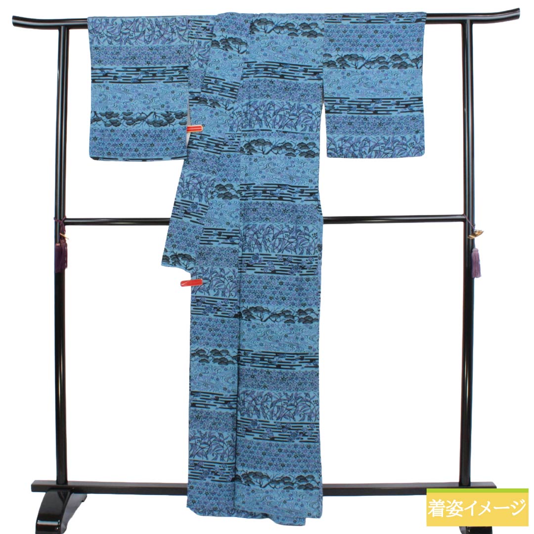小紋 正絹 Sランク 身丈161.5cm 裄丈65cm 袷 朧花色（おぼろばないろ） 型染 吉祥文様 青系 1115008372417