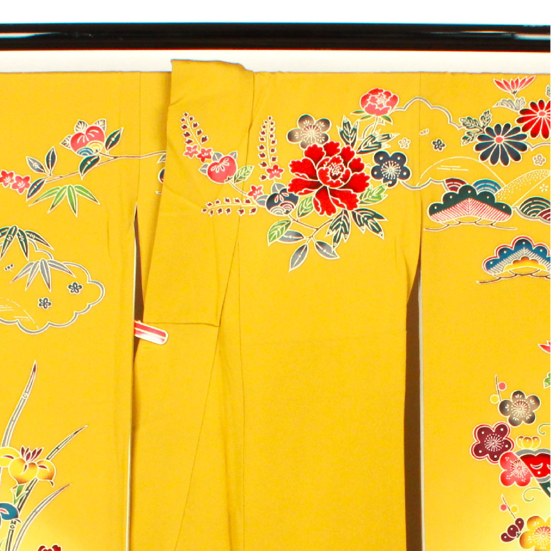 振袖 身丈155.5cm 裄丈64.5cm 袷  芥子色 京紅型 草花模様  正絹 Aランク 黄系 1113000893323