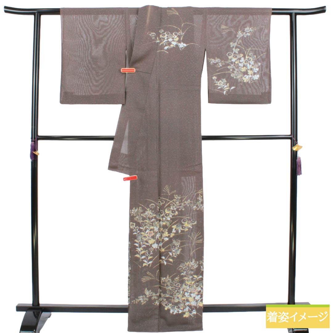 夏物 正絹 訪問着 Bランク 身丈165.5cm 裄丈65cm 都鼠色（みやこねずいろ） 京友禅 タタキ染 秋草 絽 茶系 1132005104514