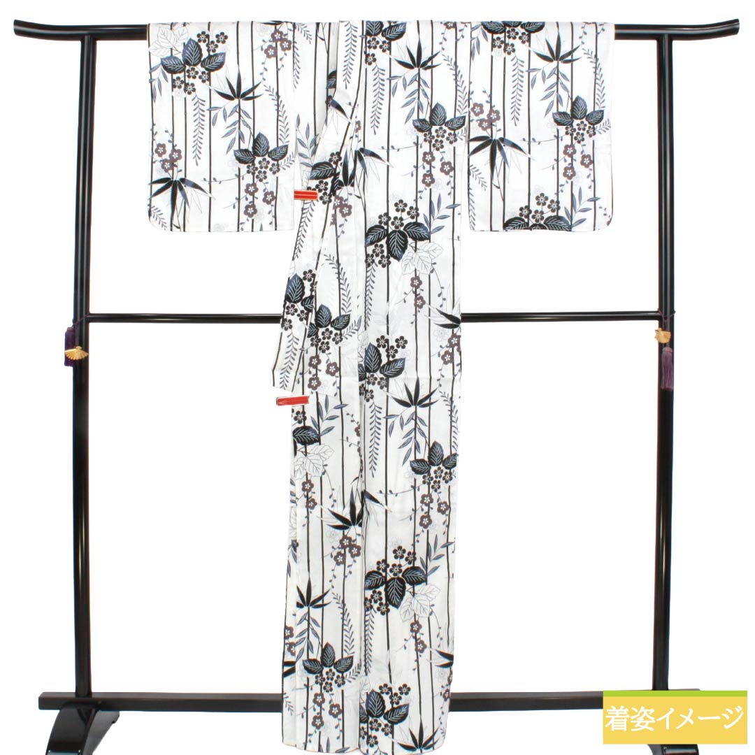 浴衣 綿麻 Sランク 身丈164.5cm 裄丈65cm 竹 草花模様 単衣 白系 1118007212411