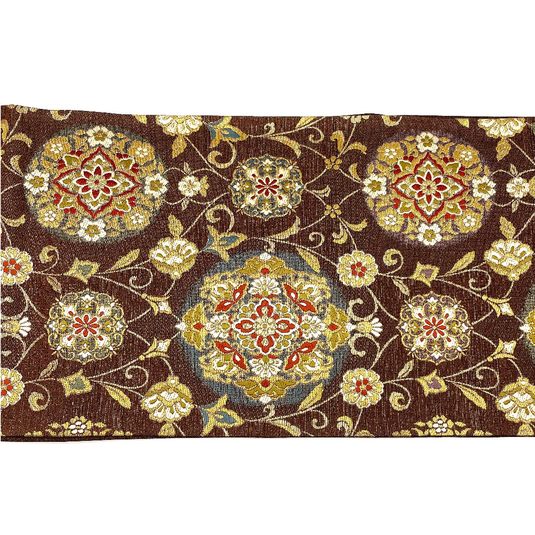 袋帯 濃茶色（こいちゃいろ） 古渡更紗 帯丈400cm 正絹 Sランク 六通 フォーマル 茶系 1123002842314