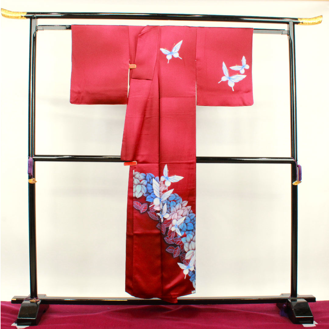 訪問着 正絹 袷 身丈151cm 裄丈63cm 暗紅色 蝶 Sランク 紫系 1112002992220