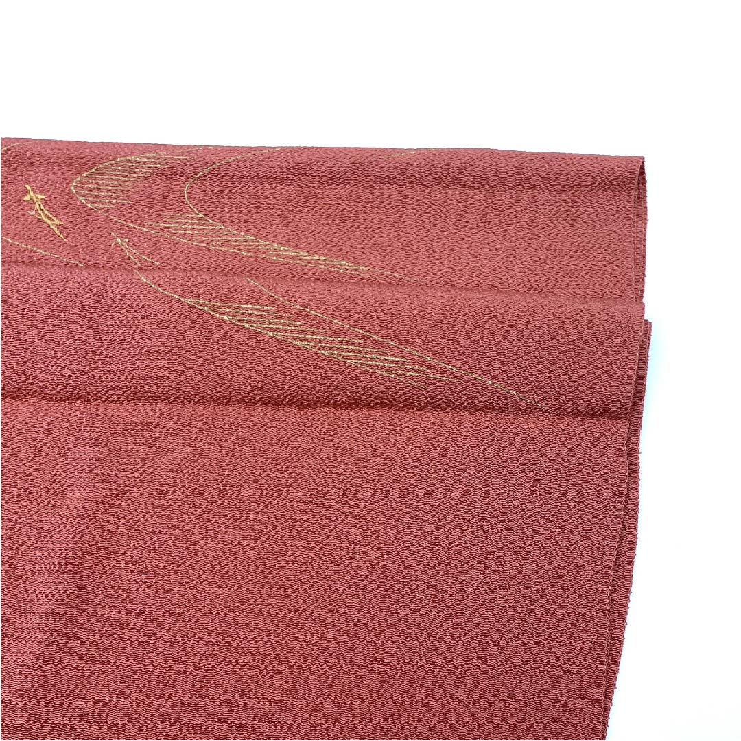 Obiage, pure silk, semi-formal, bengara color, autumn leaves, embroidery, classic pattern, length 170cm, width 29cm, S rank, brown, 1136000492914