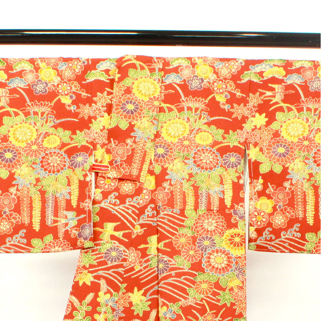 小紋 身丈154cm 裄丈61cm 袷  猩々茶色 型染 菊 梅 草花模様  正絹 Sランク 茶系 1115002652214