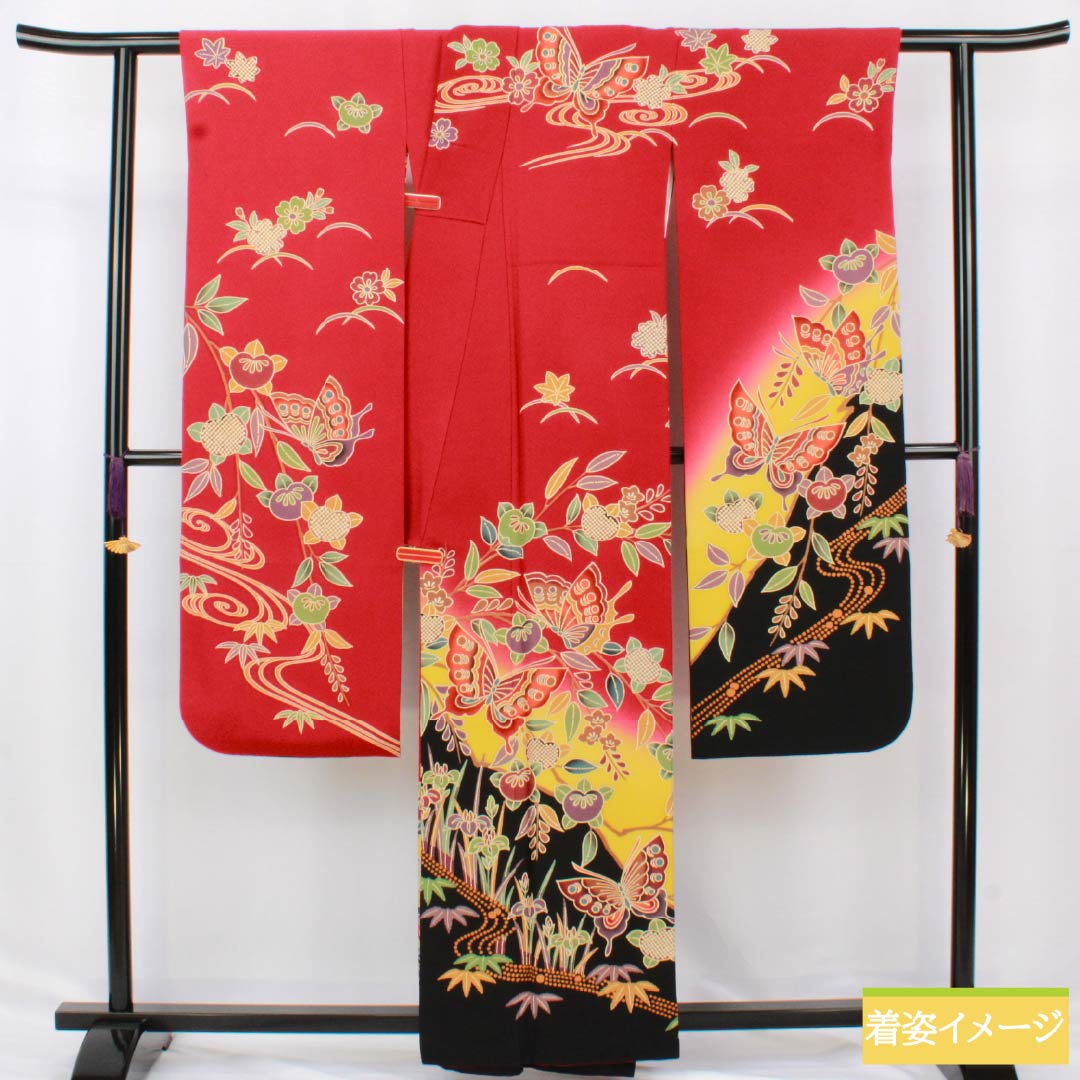 振袖 正絹 Aランク 身丈158.5cm 裄丈67cm 袷 紅赤色（べにあかいろ） 京紅型 吉祥文様 蝶 菖蒲 橘 赤系 1113002283312