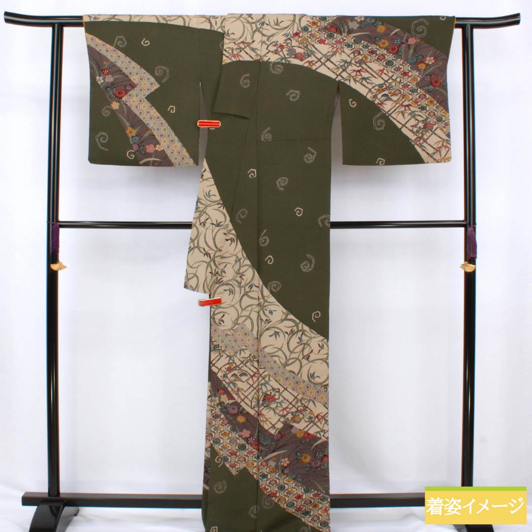 訪問着 正絹 Sランク 袷 身丈168cm 裄丈69.5cm 藍海松茶色（あいみるちゃいろ） 京紅型 紅型調 草花 渦巻き 緑系 1112006652519