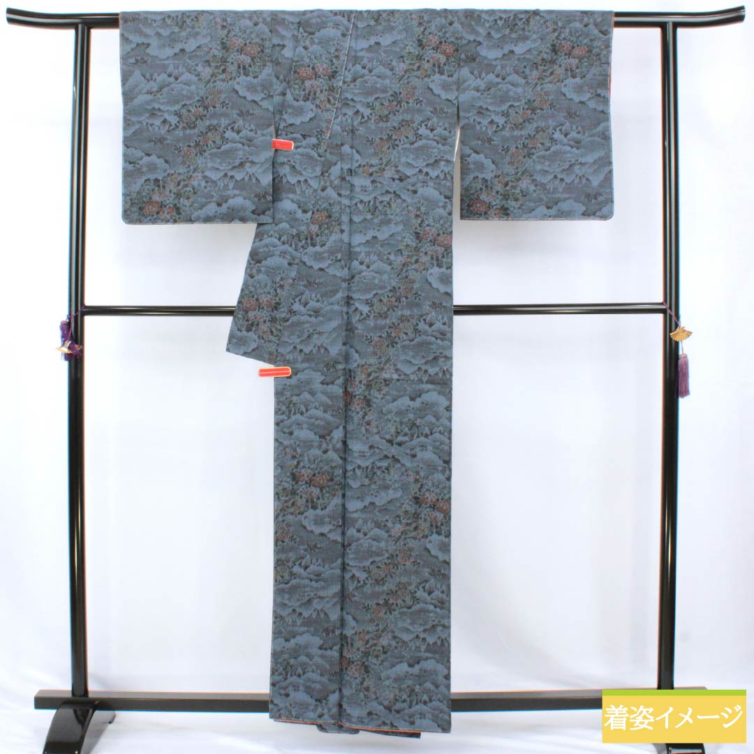 紬 正絹 Sランク 身丈159.5cm 裄丈66.5cm 村山大島 風景模様 しつけ糸付き 袷 紺系 1116005122318