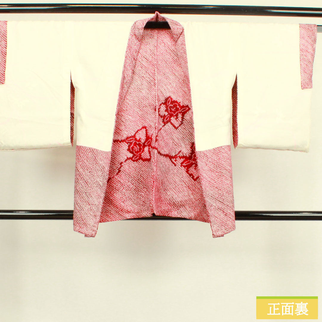 羽織 正絹 身丈81cm 裄丈65cm  深紅色 総絞り 抽象模様 Sランク 袷 赤系 1117000662912