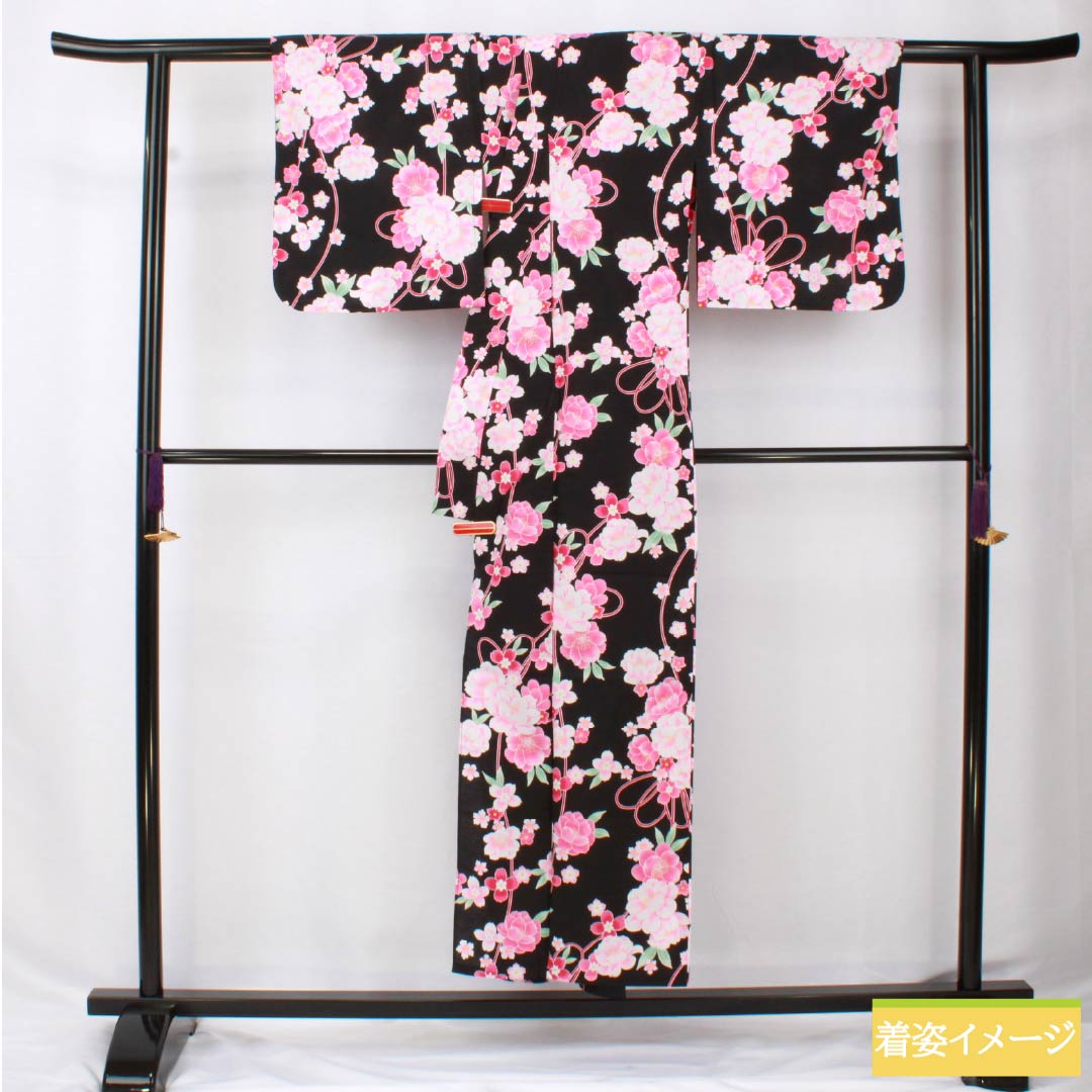 浴衣 木綿 身丈151cm 裄丈62cm Aランク 単衣 黒系 山茶花 1118005963210