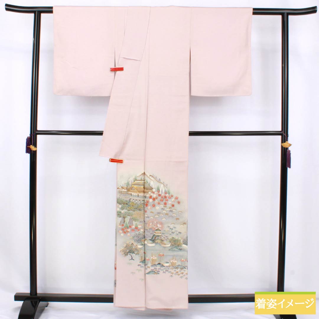 色留袖 正絹 Aランク 身丈157.5cm 裄丈62cm 袷 桜色（さくらいろ） 一つ紋 下り藤 京友禅 風景模様 作家物 しつけ糸付き 一つ紋 ピンク系 1111002003313