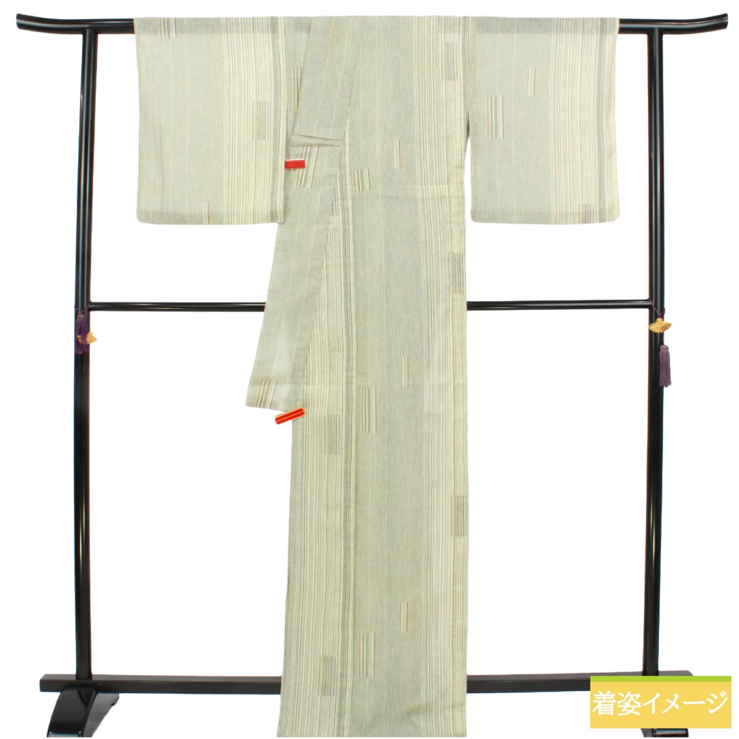 夏物 ポリエステル 紬 Sランク 身丈171cm 裄丈69cm 洗える着物 縞 紗 マルチカラー 1132006022628
