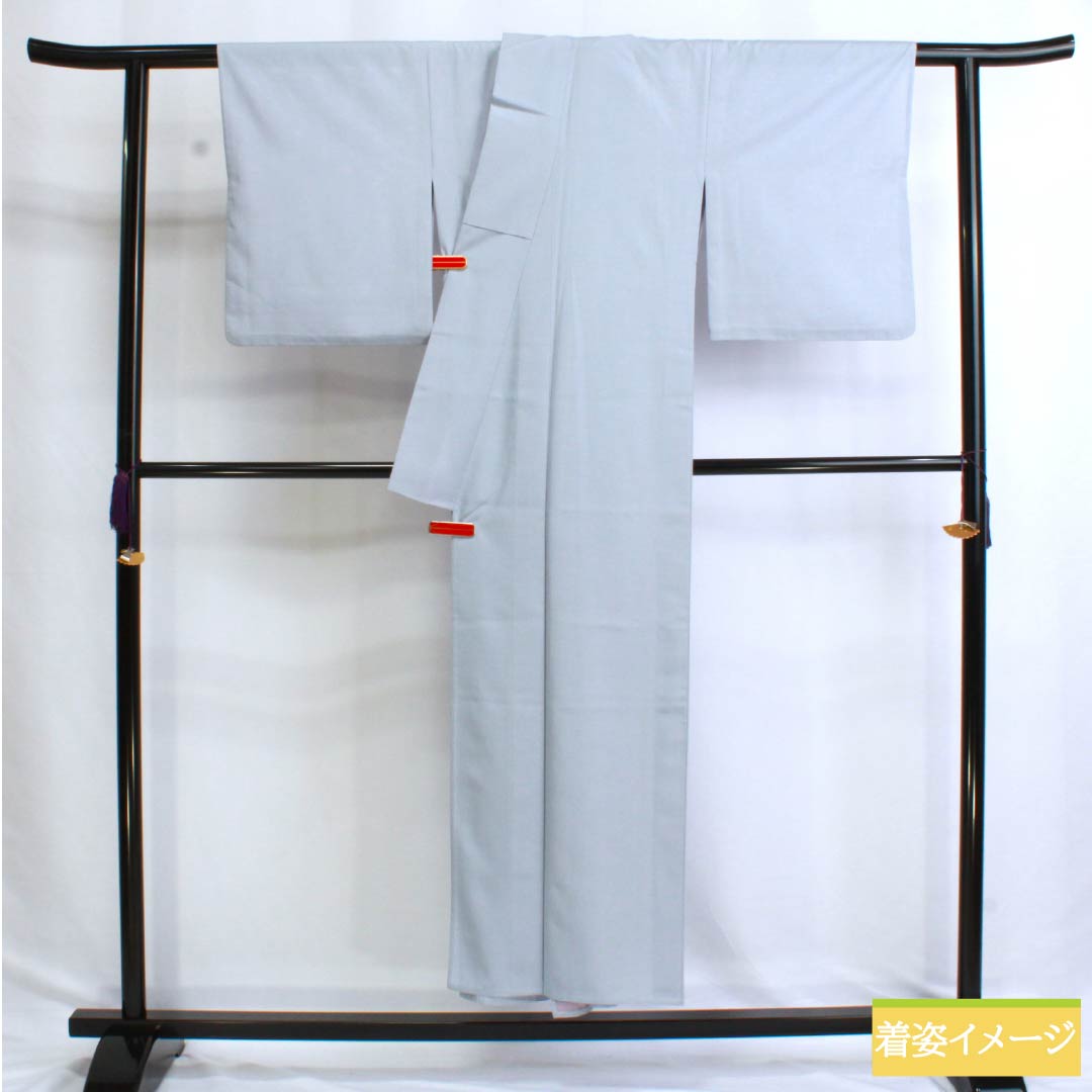 夏物 ポリエステル 色無地 Sランク 身丈151cm 裄丈64cm 薄藍色（うすあいいろ） 洗える着物 絽 水色系 1132003172224
