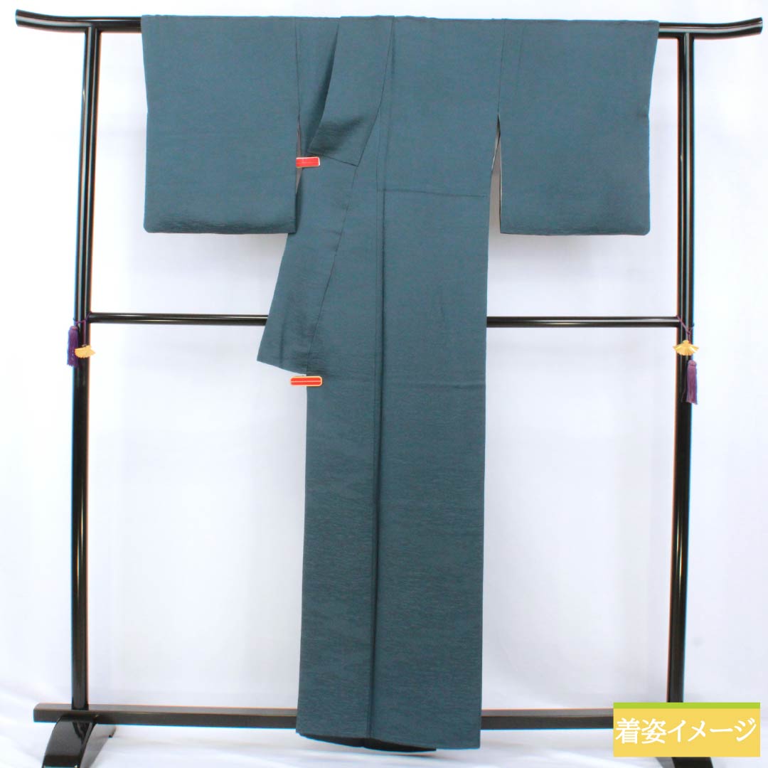 色無地 正絹 Sランク 身丈160cm 裄丈67cm 熨斗目花色（のしめはないろ） 一つ紋 丸に三ツ柏 さざ波 袷 青系 1114002552417