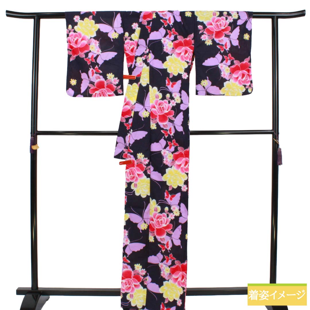 浴衣 木綿 Sランク 身丈164cm 裄丈63cm 濃紺色（のうこんいろ） 蝶 薔薇 単衣 紺系 1118007522418