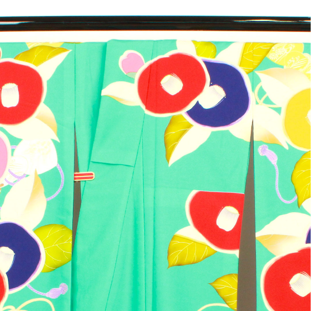 Long-sleeved kimono, length 176cm, sleeve length 70cm, lined, floral greenish blue, washable kimono, camellia, poly, S rank, blue, 1113001402817