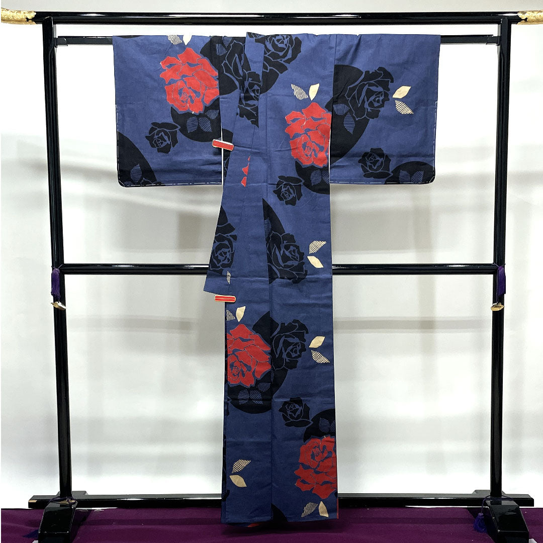 浴衣 しつけ糸付き 未使用品 瞑色 薔薇 木綿 Sランク 単衣 身丈161cm 裄丈65cm 紫系 1118002332420