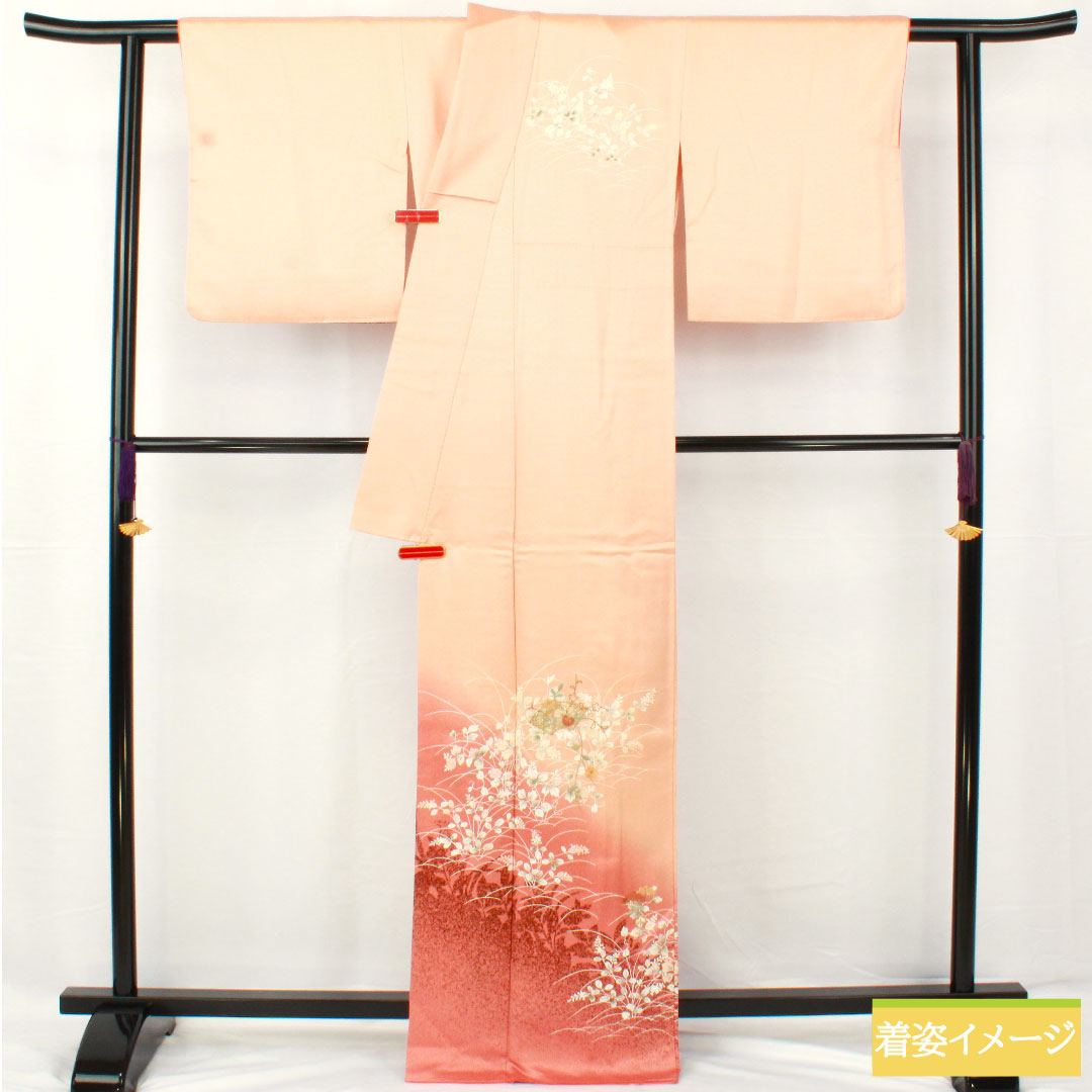 訪問着 正絹 袷 身丈165.5cm 裄丈66.5cm 京友禅 萩 松 部分刺繍 Aランク ピンク系 1112005363513