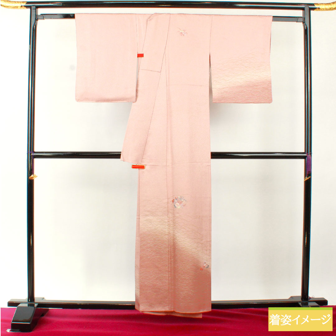 訪問着 正絹 袷 身丈158.5cm 裄丈64.5cm 今様色（いまよういろ） 付下げ 京友禅 刺繍 一つ紋 沢瀉 Aランク ピンク系 1112004633313