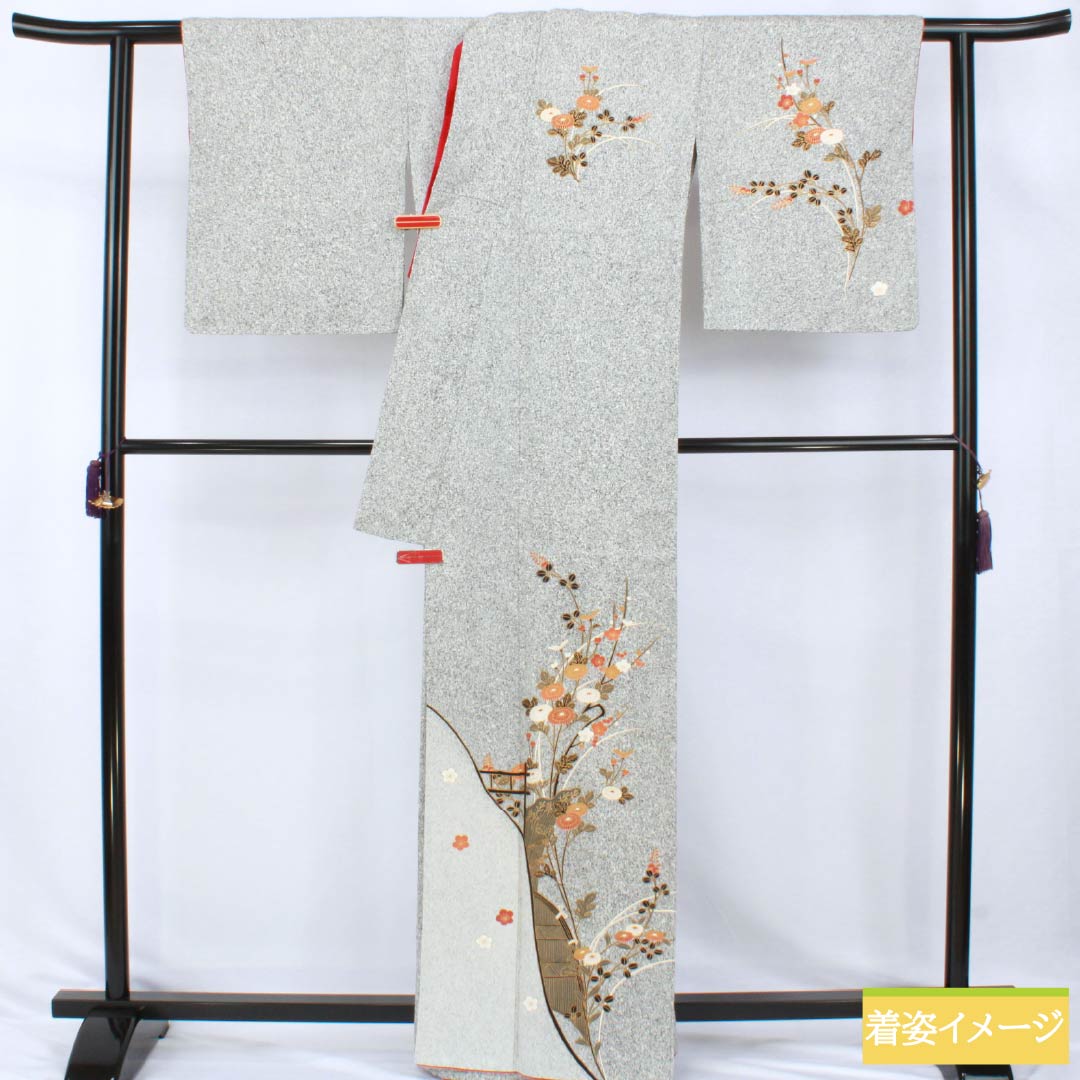 Visiting Kimono, Pure Silk, S Rank, Lined, Length 163cm, Sleeve-to-Sleeve 68cm, Kyo-Yuzen, Tsukesage, Tataki Dye, Floral, Layered Collar, With Basting Stitches, Monotone, 1112007642427