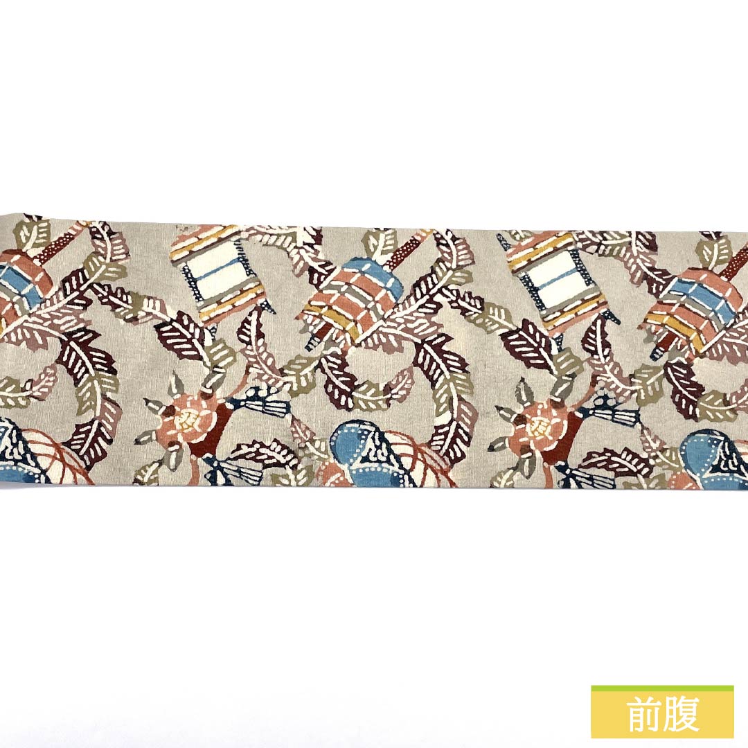 名古屋帯 正絹 Aランク 蕎麦切色（そばきりいろ） 型染 紅型調 抽象花 帯丈340cm 六通 カジュアル グレー系 1124010443322 名古屋仕立て